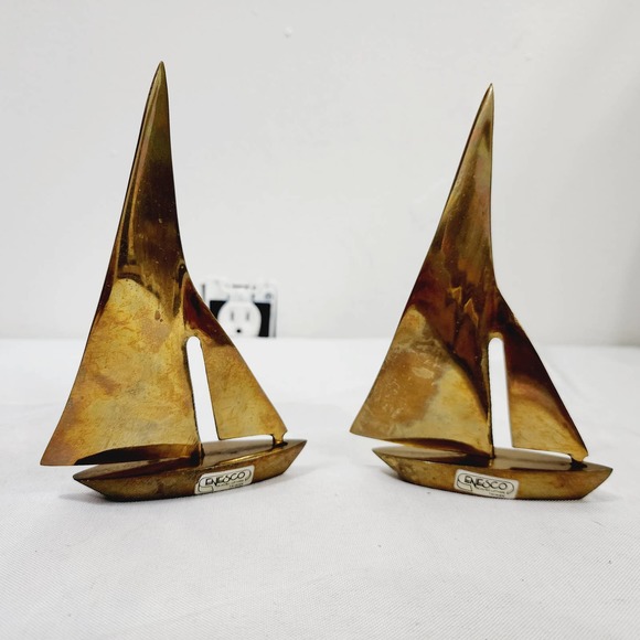 Vintage Enesco Mid-Century Modern Brass Sailboat Sculptures Paper Weights 1960s - Picture 1 of 15